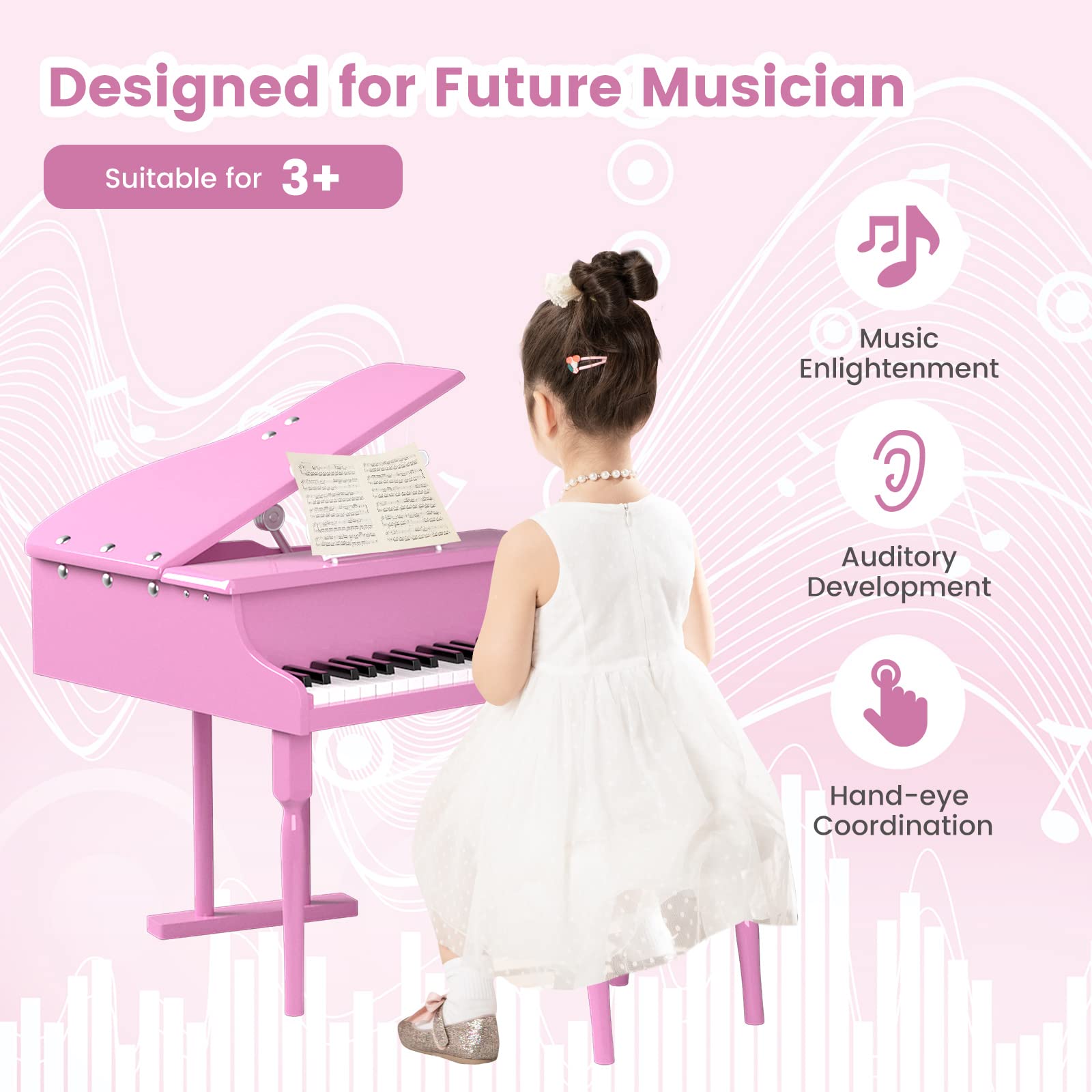 Costzon Classical Kids Piano, 30 Keys Wood Toy Grand Piano with Music Stand and Bench