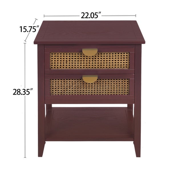 Wooden End Table with 2 Drawers Made Of Rattan