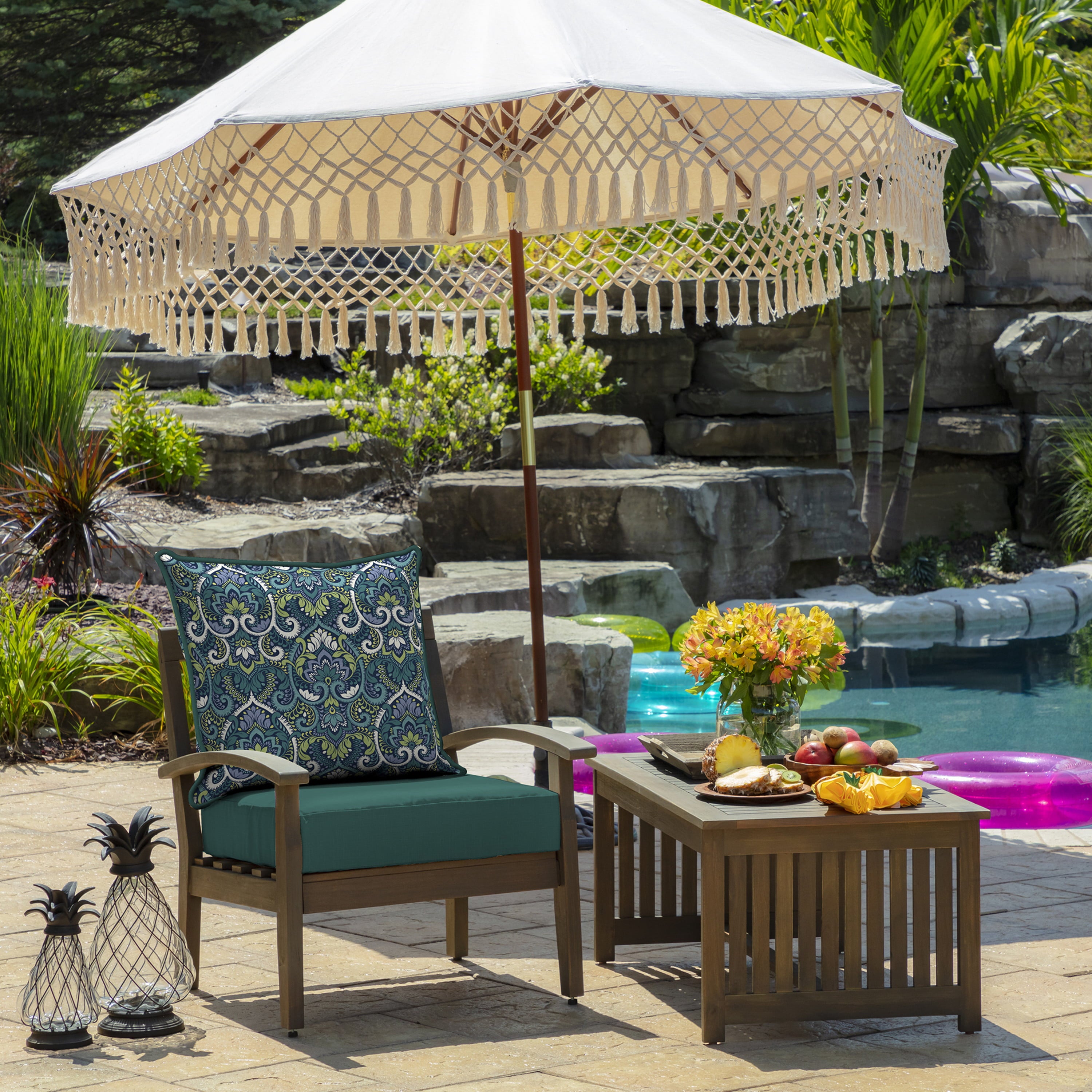 Arden Selections Reversible Outdoor Deep Seating Cushion Set 24 x 24， Sapphire Aurora Blue Damask