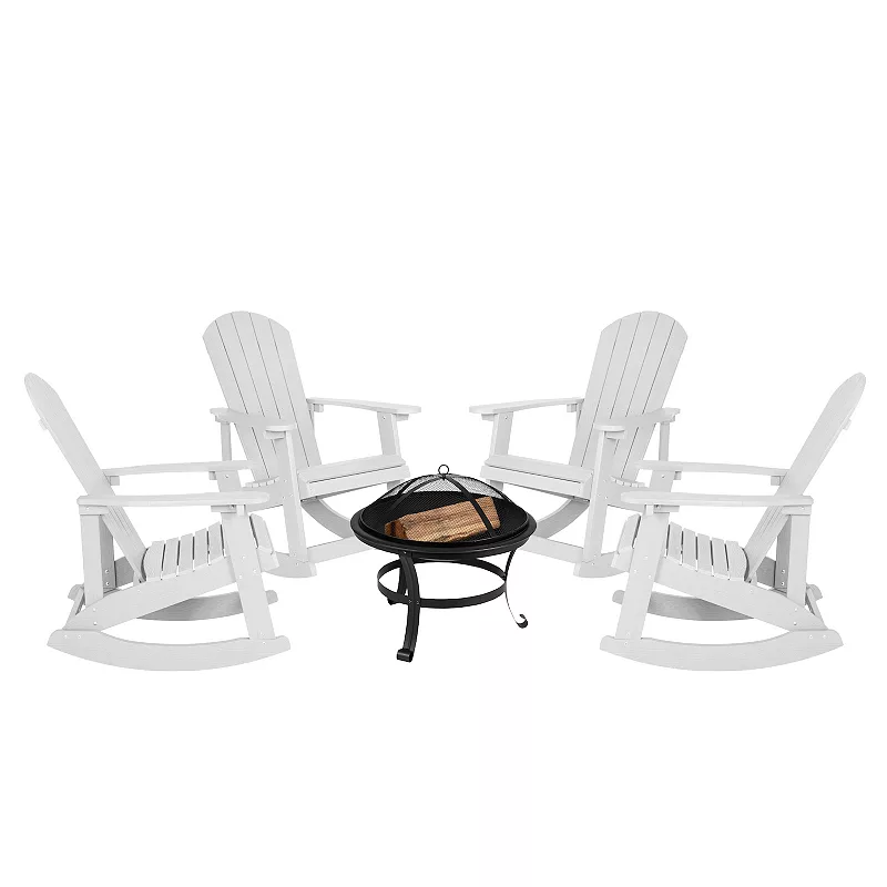 Merrick Lane Atlantic Outdoor Set with Classic Adirondack Rocking Chairs and Wood Burning Fire Pit with Poker/Spark Screen