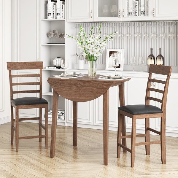 3-Piece Round Counter Height Drop-Leaf Table with 2 Upholstered Chairs， Dining Table Set Pub Set with PU leather Cushion