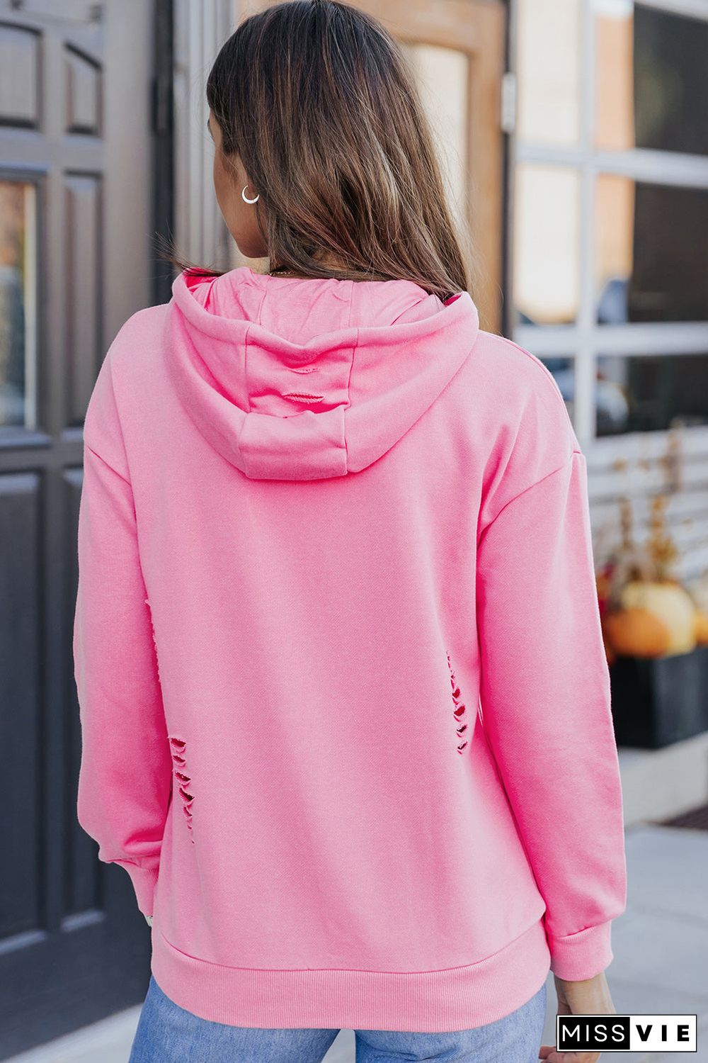 Solid Ripped Hooded Sweatshirt With Kangaroo Pocket