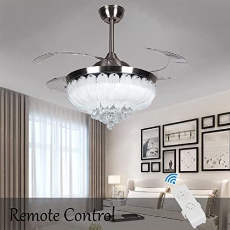 KPIBEST Modern Crystal Ceiling Fans with Lights， Remote Control - 3 Color Change 3 Speeds Chandelier Ceiling Fan Retractable Invisible Blades for Living Dining Room Bedroom， 42 Inch