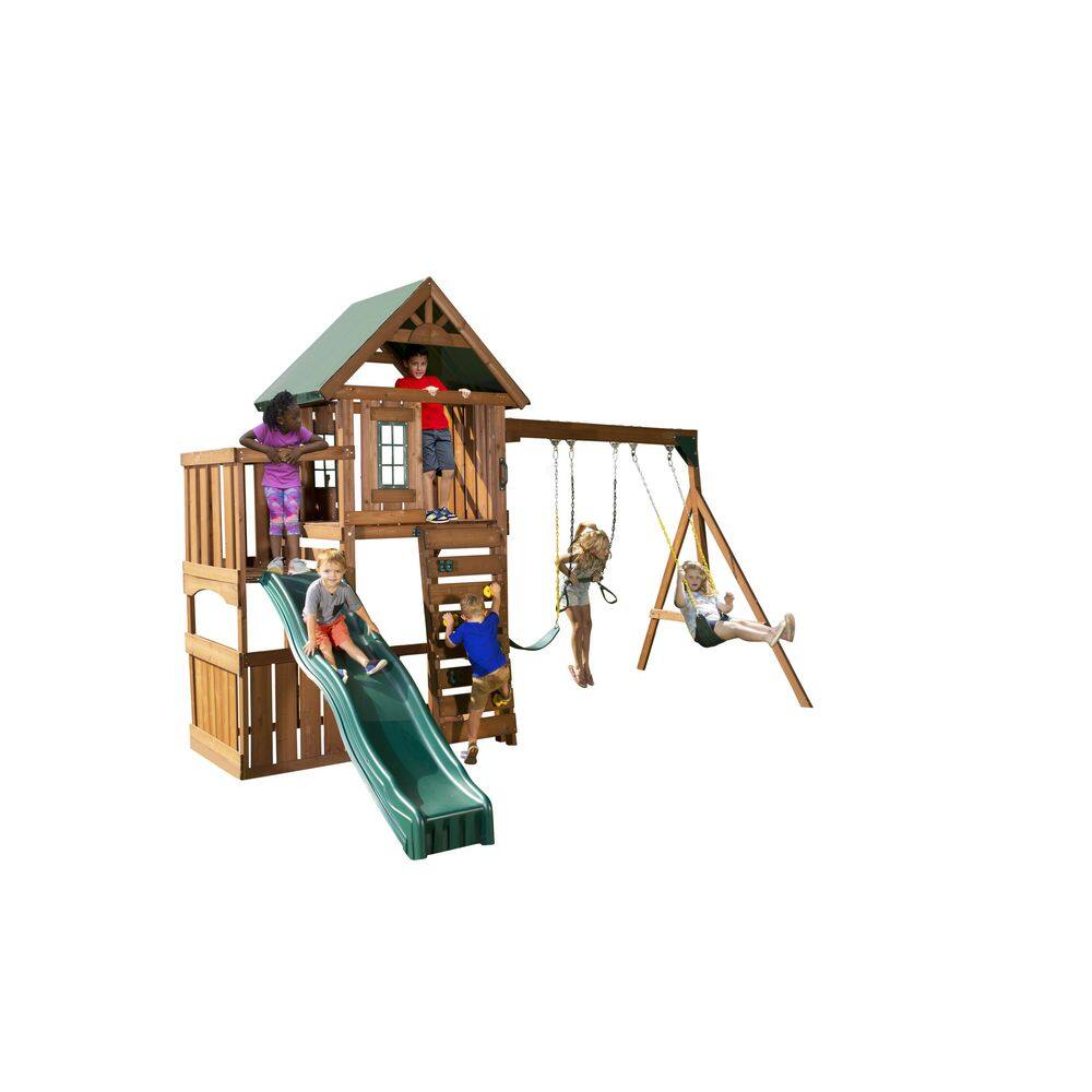 Swing-N-Slide Playsets Elkhorn Ready-To-Assemble Outdoor Wooden Playset with Slide Rock Wall Swings and Backyard Swing Set Accessories WS 8357