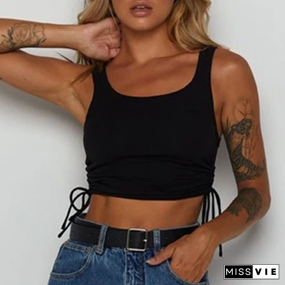 Women Sexy Solid Tank Tops Ribbed Knitted Elastic Crop Top Off Shoulder Stretch Vest Ruched Drawstring Adjustable Length Tee