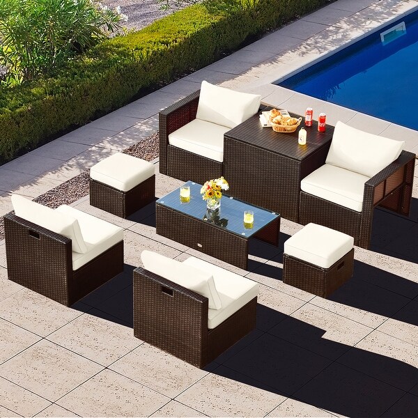 Gymax 8PCS Patio Rattan PE Wicker Conversation Set AllWeather