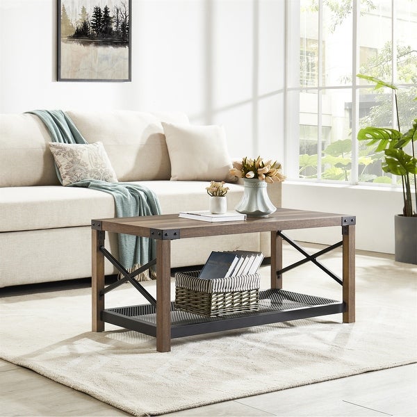 2-Tier Coffee Table Table with Mesh Shelf and Steel Frame