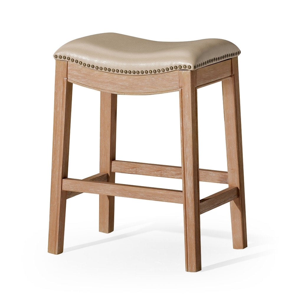 Maven Lane Adrien Saddle Counter Stool in Weathered Oak Finish w/ Avanti Bone Vegan Leather   Brown   Counter   26\