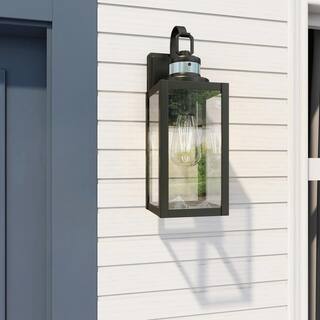 Uixe 15 in. 1-Light Matte Black Motion Sensing Outdoor Wall Lantern Sconce Dusk to Dawn with Clear Glass SSL-12151-MS