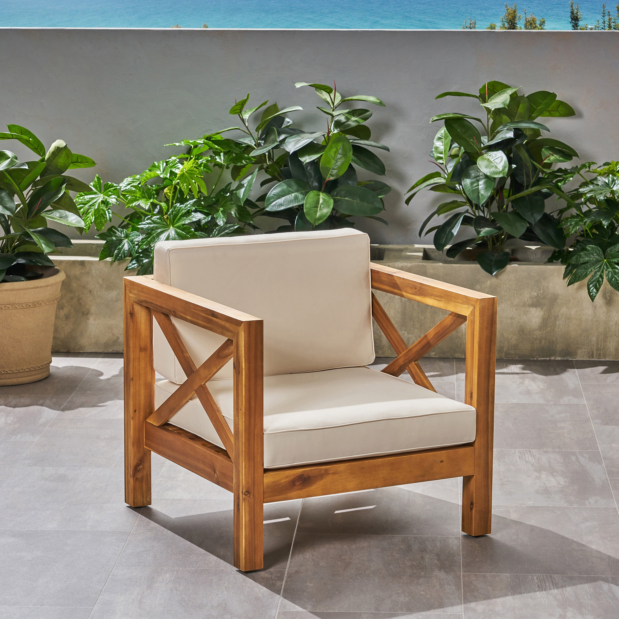 Indira Outdoor Acacia Wood Club Chair with Cushion