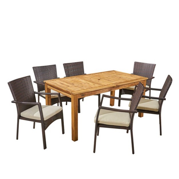 Davenport 7pc Acacia Wood amp Wicker Patio Dining Set Expandable Weather resistant Cushioned Seating Christopher Knight Home