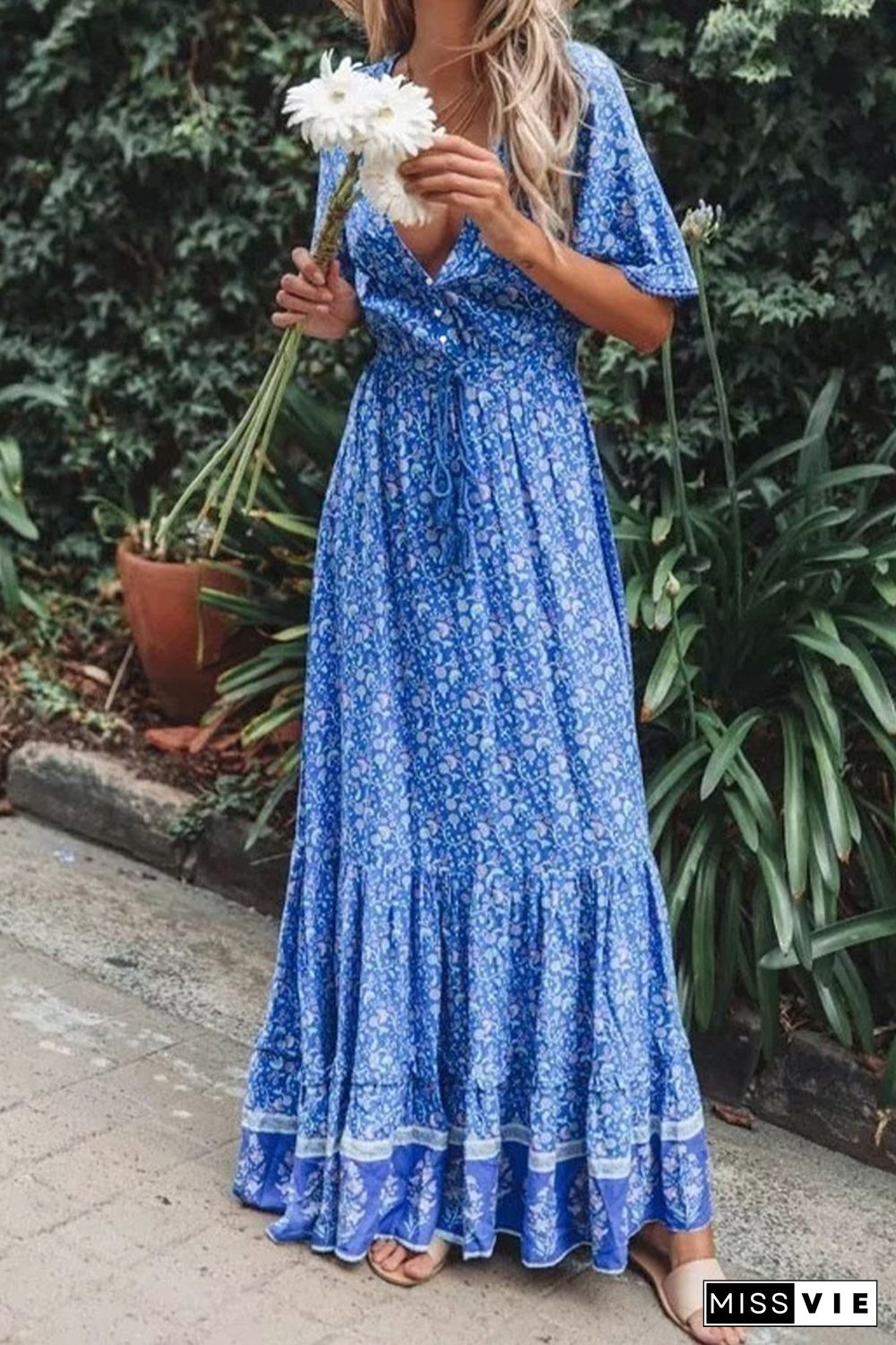 V Neck Buttoned Boho Print Maxi Dress