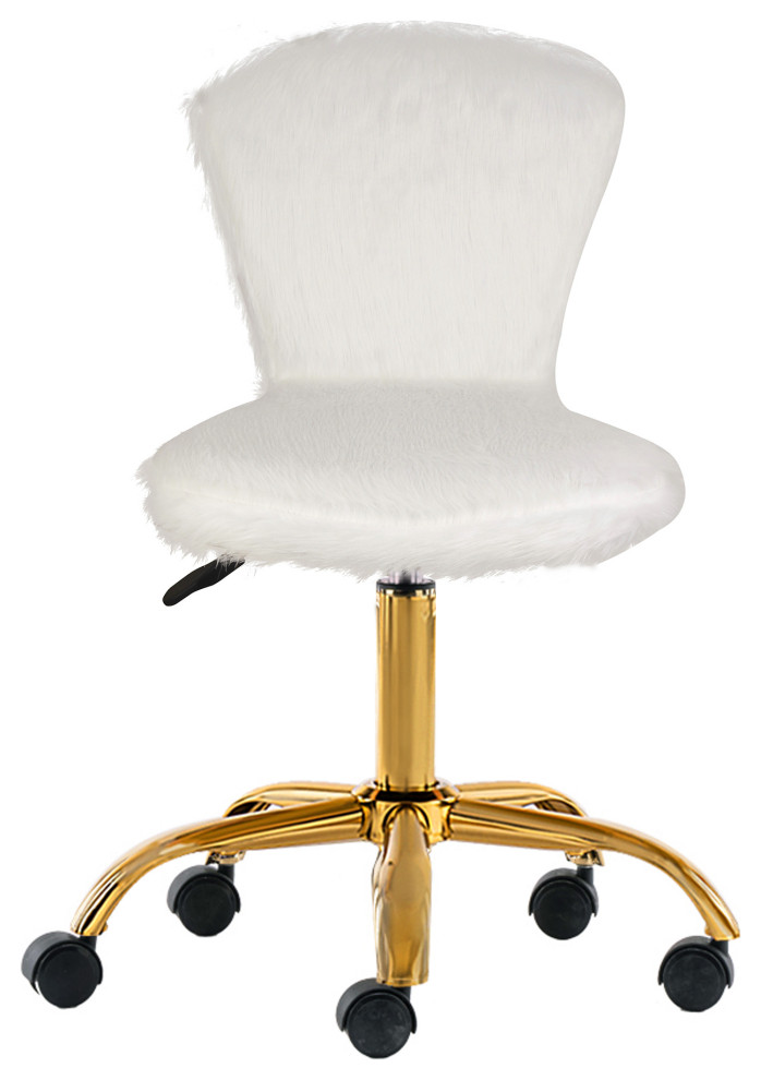 Faux Fur Upholstered White Makeup Vanity Chairs With Golden Chrome Base   Contemporary   Vanity Stools And Benches   by specialty imports  Houzz