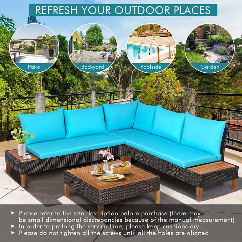 4 Pcs Acacia Wood Rattan Patio Conversation Set Outdoor Sectional Sofa Set with Coffee Table