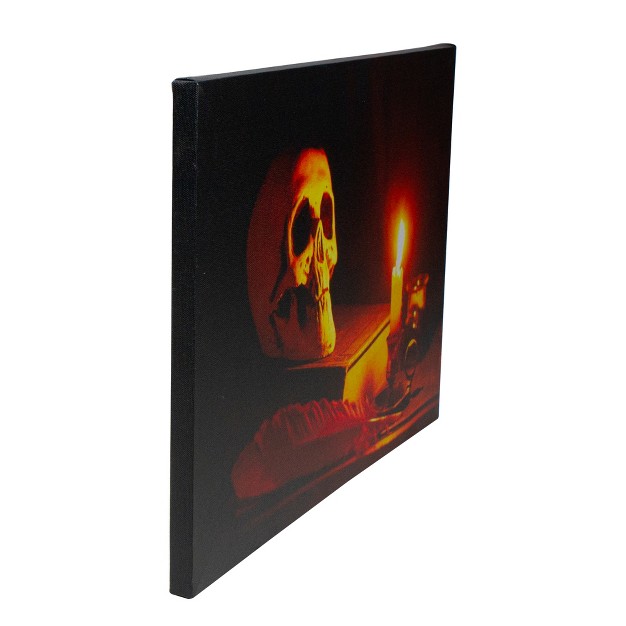 Halloween Prelit Led Antique Candle And Skull Canvas Wall Art Black orange