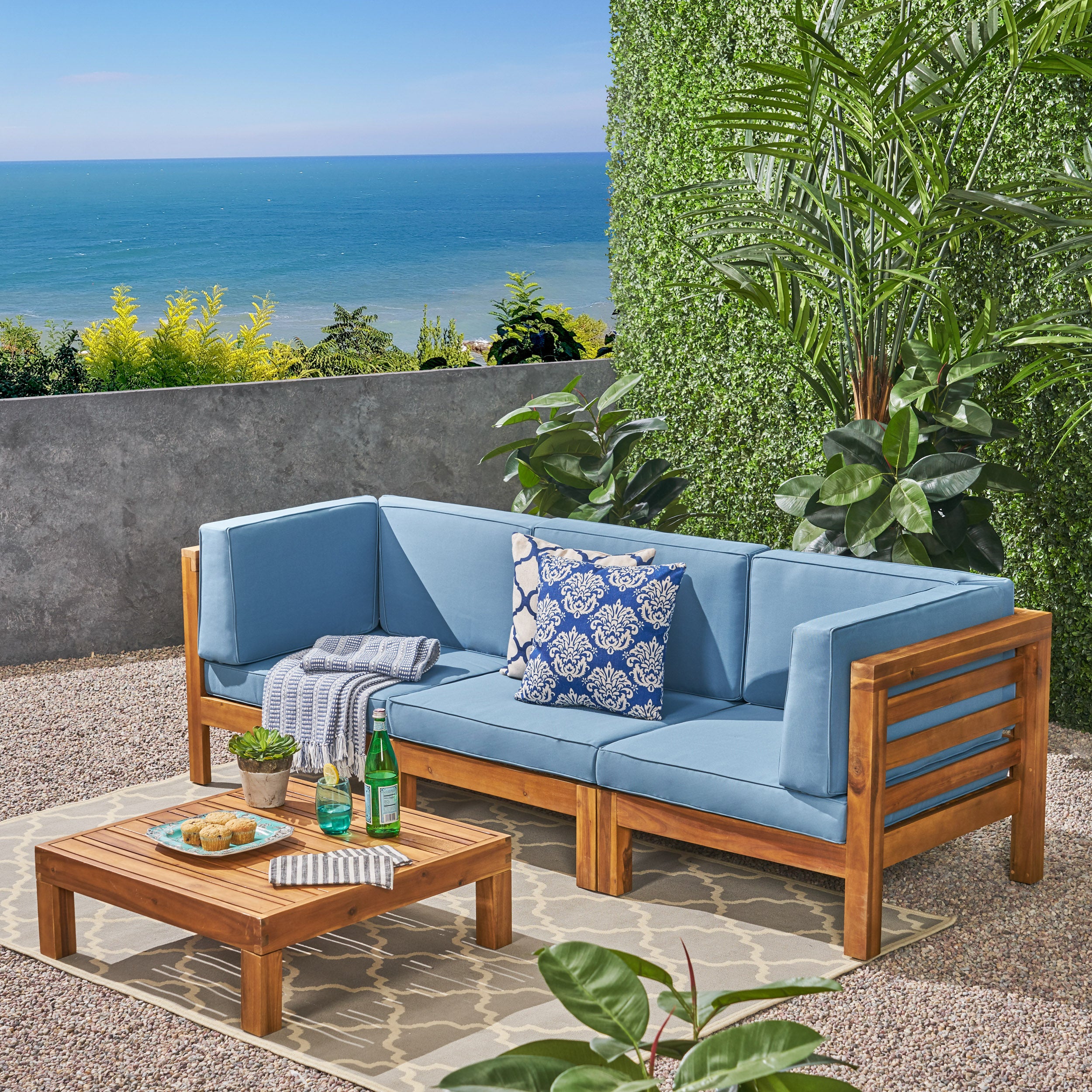 Dawson Outdoor Sectional Sofa Set with Coffee Table - 4-Piece 3-Seater - Acacia Wood - Outdoor Cushions