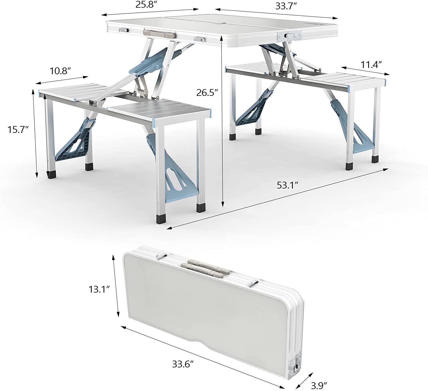 HDJ Portable Folding Camping Table Picnic Table with 4 Seats， Aluminum Beach Fold Up Tables with Chairs and Parasol Hole，Sliver