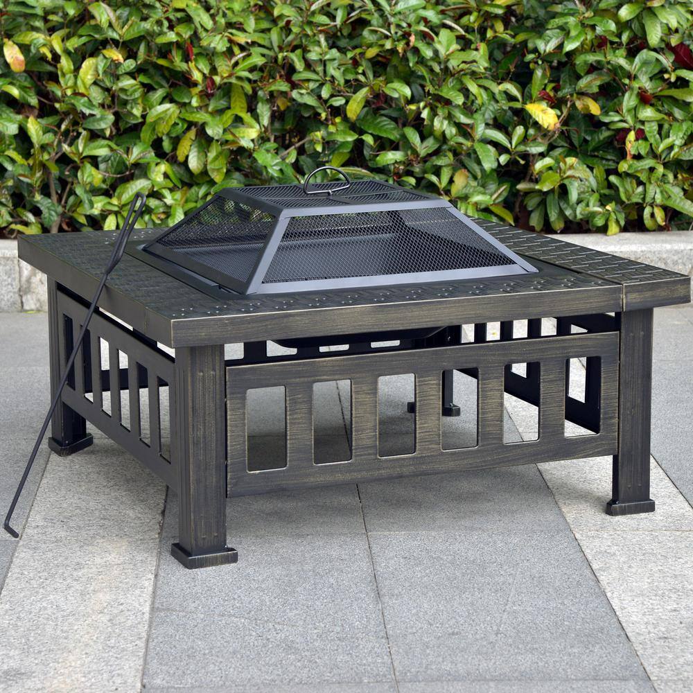 Bond Bali 32 in. W x 22.44 in. H Outdoor Square Powder Coated Steel Wood Burning Fire Pit in Bronze with Grate and Poker 52260