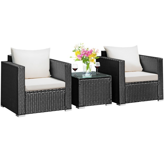 Tangkula 3pcs Patio Rattan Furniture Conversation Set With 2 Cushioned Sofas amp Coffee Table For Outdoor