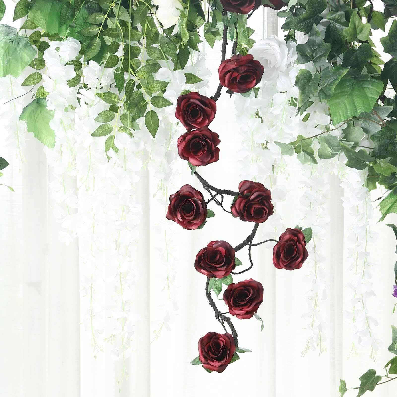 Burgundy Artificial Silk Rose Hanging Flower Garland, Faux Vine 6ft