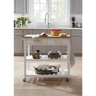 StyleWell Glenville Cream White Rolling Kitchen Cart with Butcher Block Top Double-Drawer Storage and Open Shelves (36