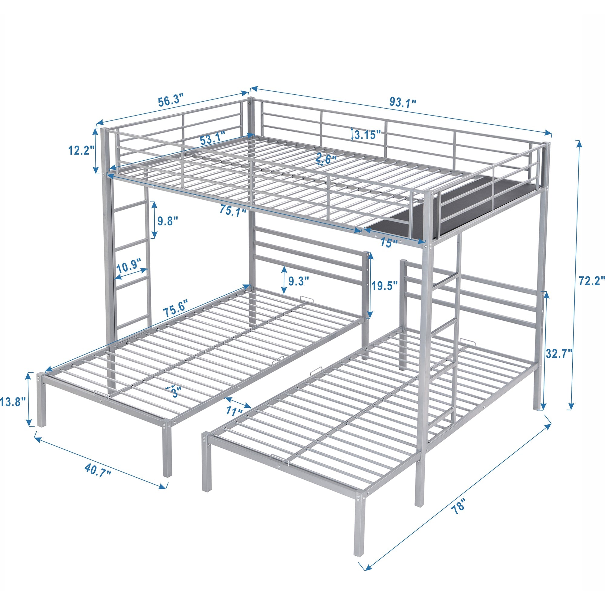 Bellemave Metal Triple Bunk Bed with Ladder, Full over Twin & Twin Bunk Bed for 3 Kids, Teens, Boys & Girl in Bedroom (Silver)