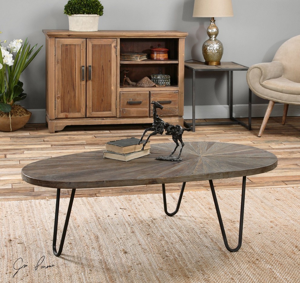 Modern Oval Recycled Wood Iron Coffee Table   Coffee Tables   by My Swanky Home  Houzz