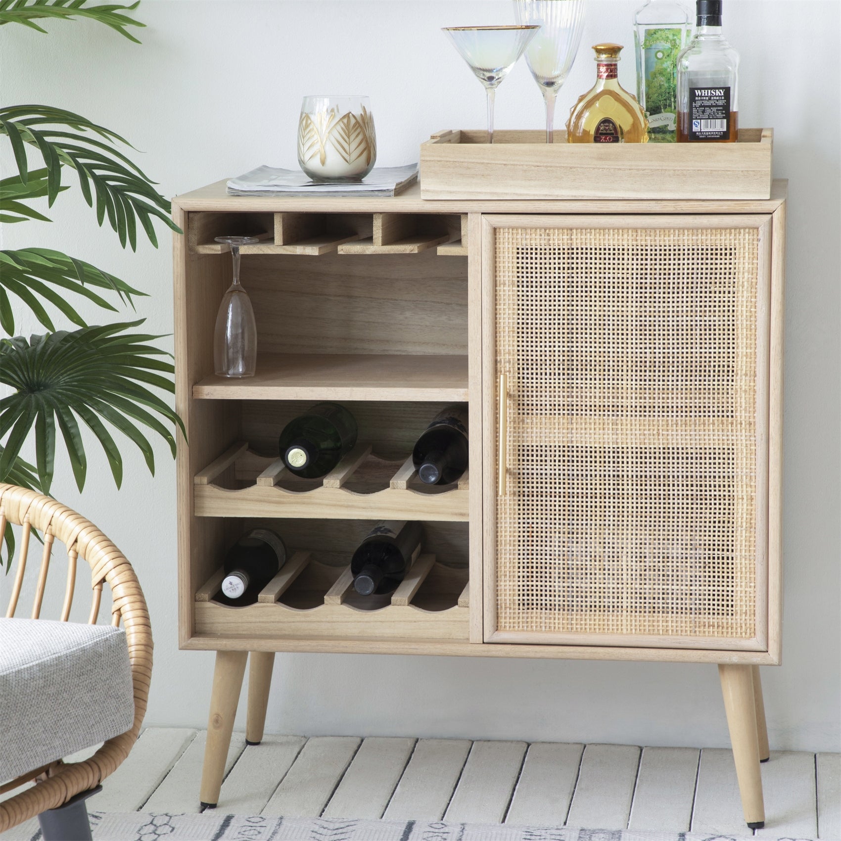 3-Tier Sideboard Buffet Cabinet with Ratten Door， Wine Rack Storage