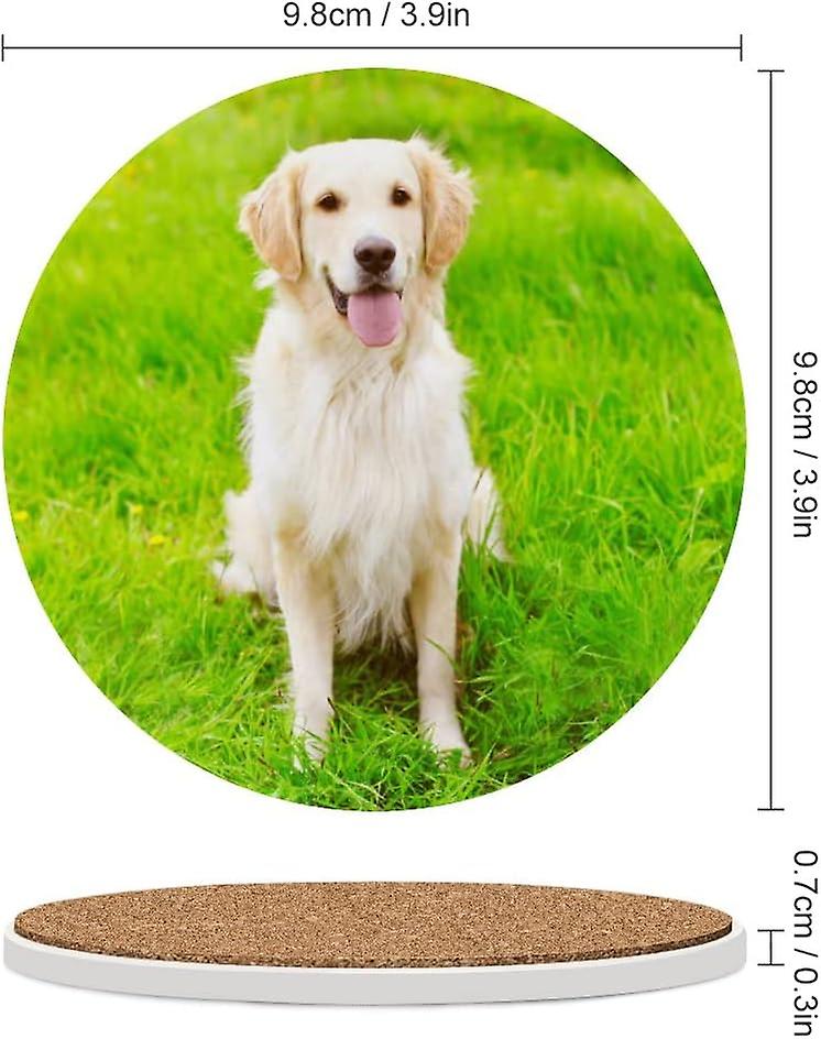 6pcs Round Happy Golden Retriever Dog Sitting On The Green Grass Ceramic Coasters With Cork-backed For Coffee Drink Cup Mat Absorbent Stone Coasters