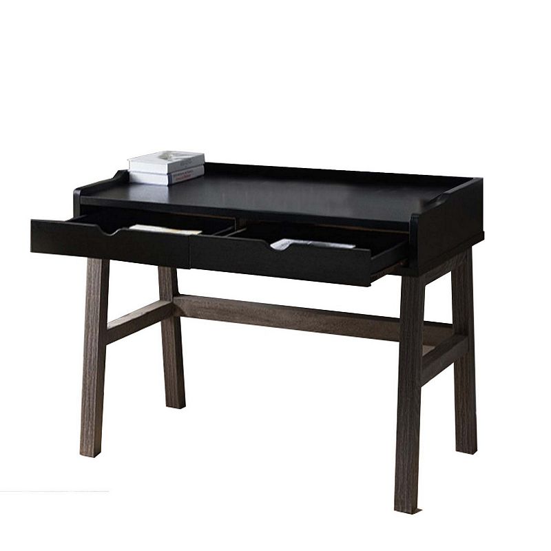 Dual Toned Wooden Desk with Two Sleek Drawers and Slightly Splayed Legs， Gray and Black