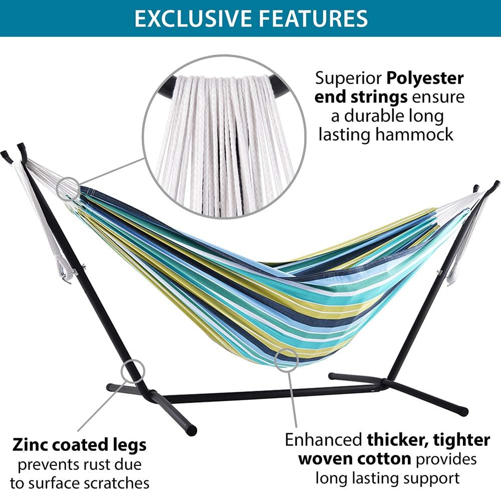 Double Cotton Hammock with Space Saving Steel Stand, Tropical (450 lb Capacity - Premium Carry Bag Included)