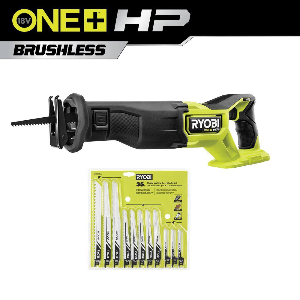 RYOBI ONE+ HP 18V Brushless Cordless Reciprocating Saw (Tool Only) with Multi-Purpose Reciprocating Saw Blade Set (35-Piece) PBLRS01B-A233501