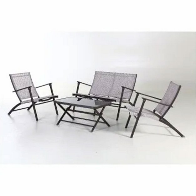 Four Seasons Courtyard Novara 4 Piece Steel Folding Outdoor Conversation Set With 2 Folding Chairs 1 Loveseat And 1 Table Tan espresso