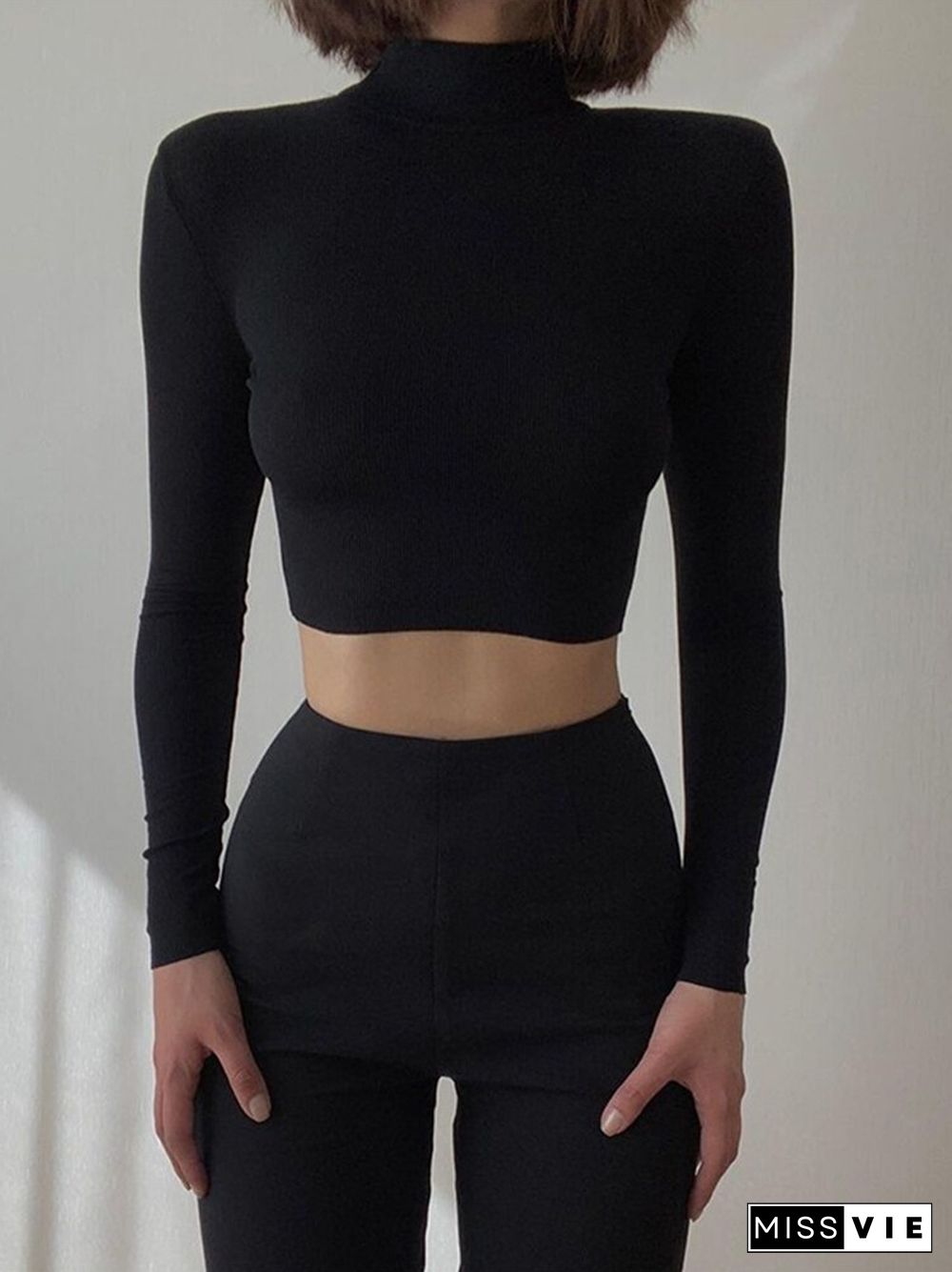 Solid Nude Turtleneck Cropped T Shirt Women Autumn Casual Long Sleeve T-shirt Ladies Skinny Basic Tee Shirt Femme