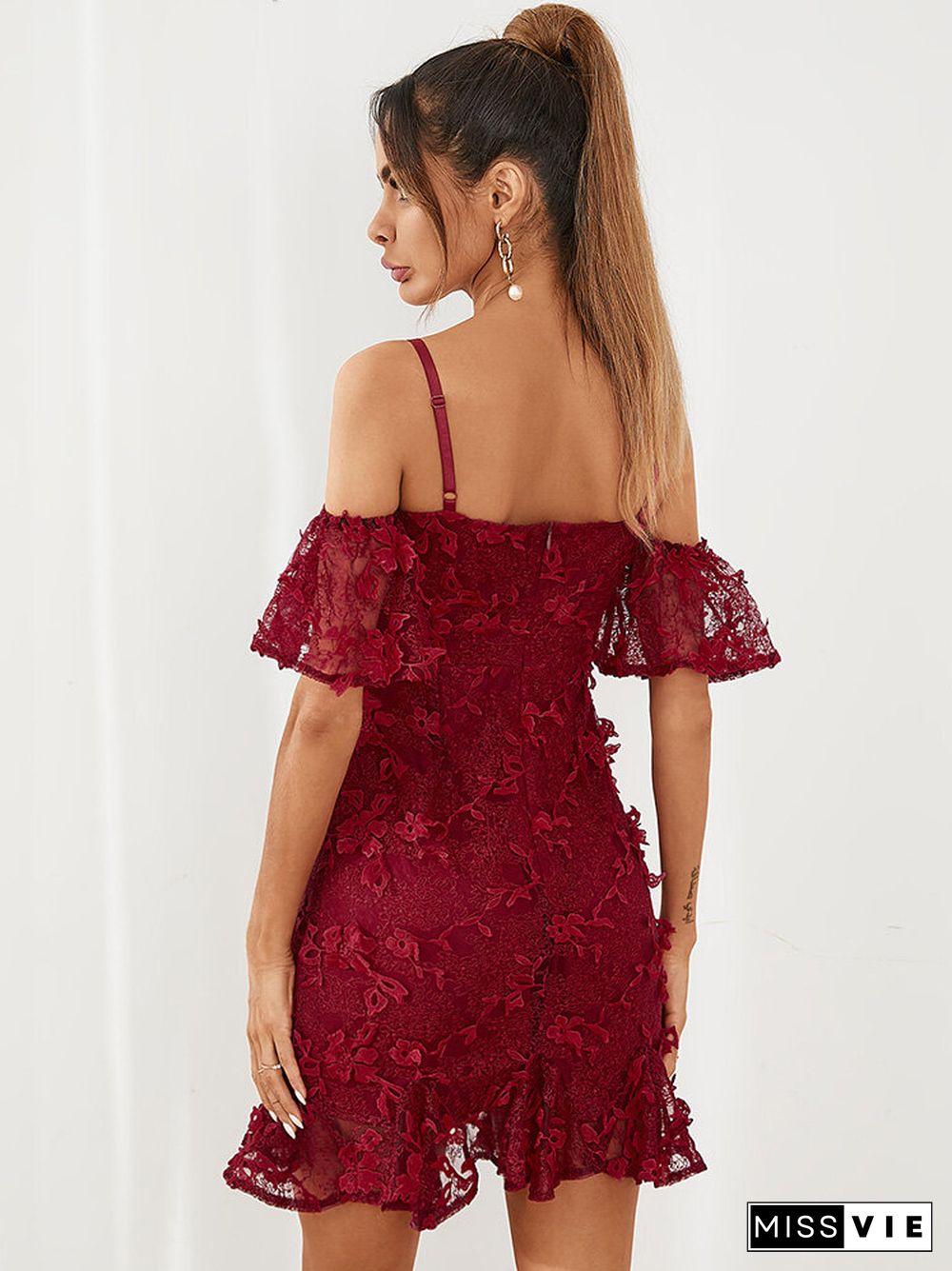 Solid Backless Strap Off The Shoulder Short Sleeve Lace Dress