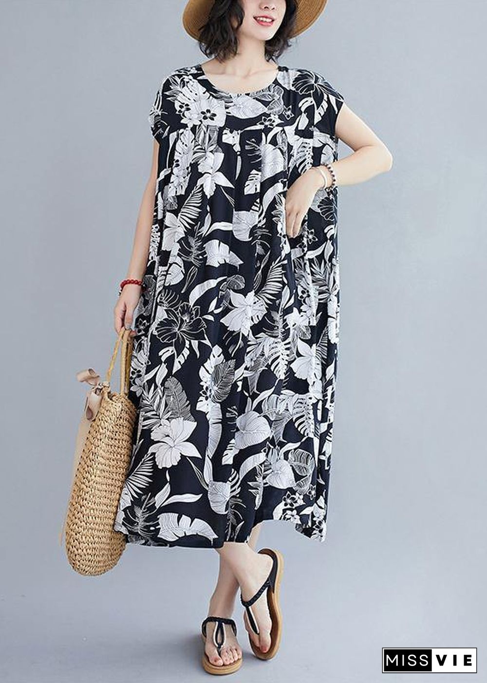 Women o neck pockets summer quilting dresses Runway black print Dress