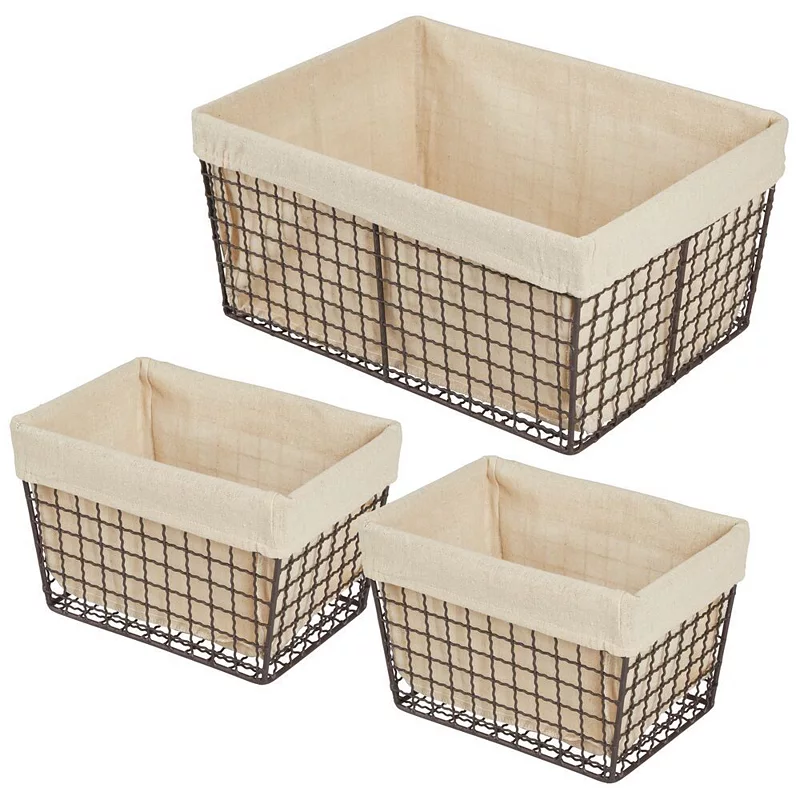 mDesign Metal Household Storage Basket with Fabric Liner - Set of 3