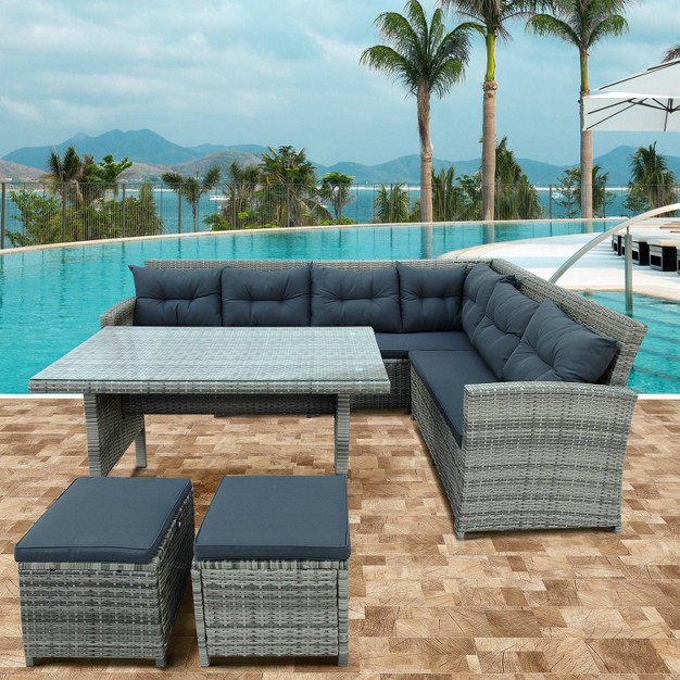 6pc Wicker Patio Set With Glass Table Ottomans Gray dark Gray Godeer