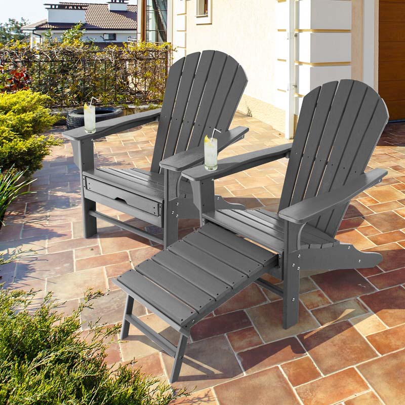 HDPE Adirondack Chair with Retractable Ottoman, Outdoor Chaise Lounge Chair for Lawn Pool Deck