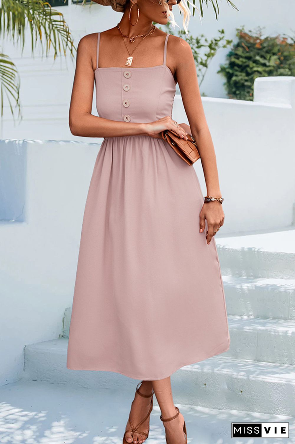 Sleeveless Buttoned Spaghetti Long Dress