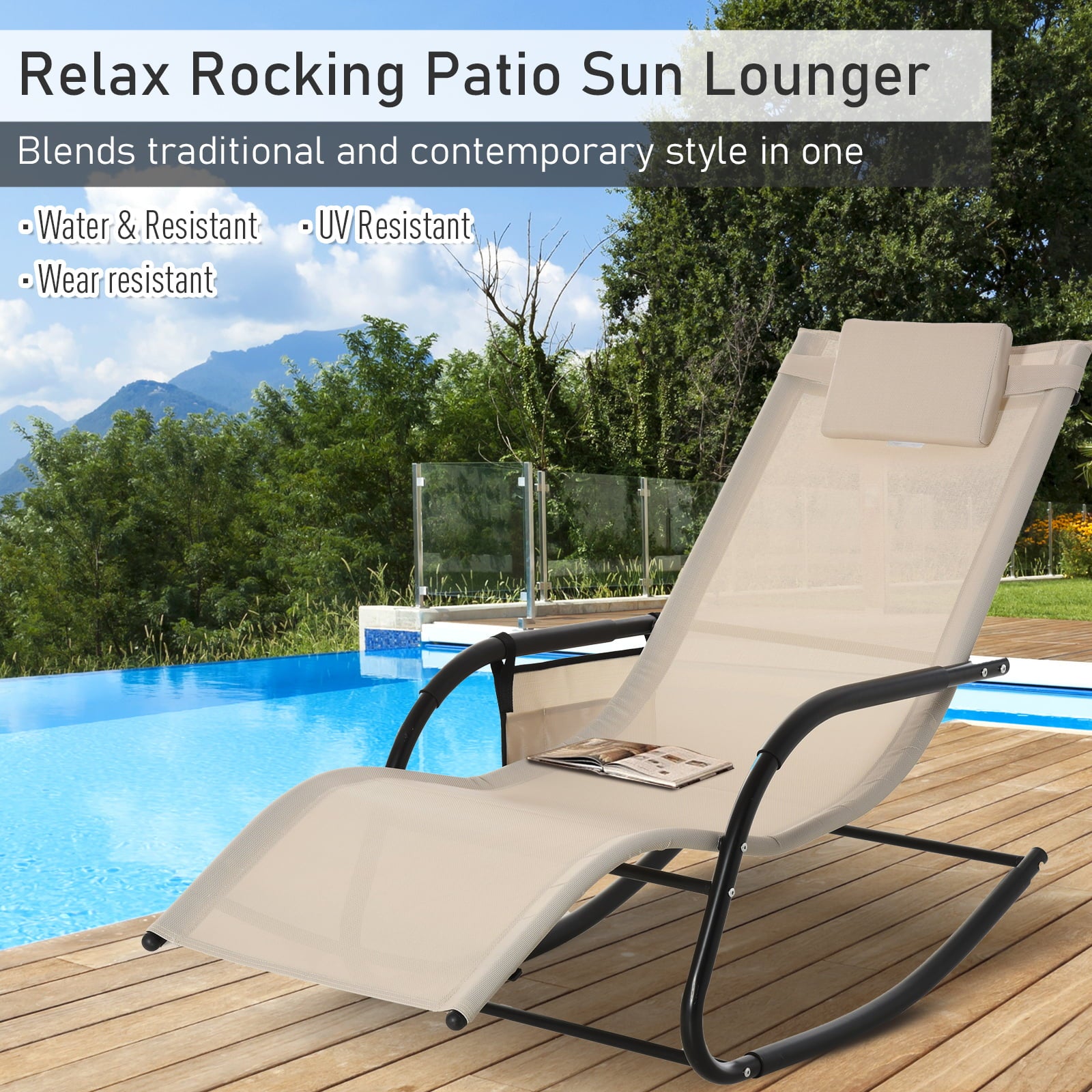 Outsunny Outdoor Rocking Chair, Chaise Lounge Pool Chair for Sun Tanning, Sunbathing, a Rocker with Side Pocket, Armrests & Pillow for Patio, Lawn, Beach, Cream White