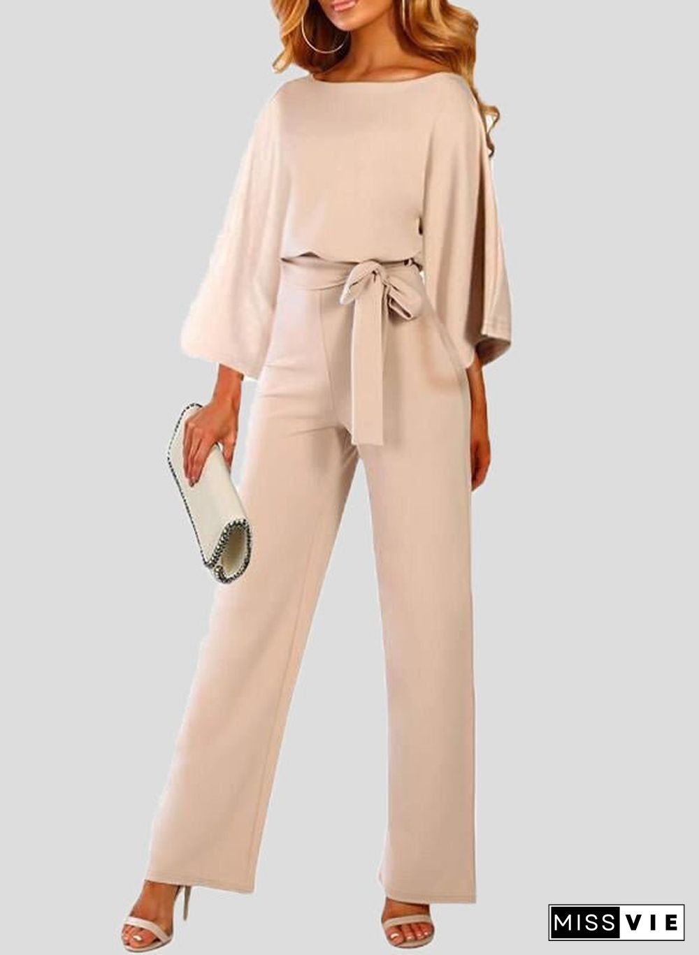 Women'S Jumpsuits Casual Solid Belted Long Sleeve Jumpsuit