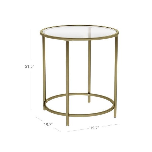 Round Side Table， Tempered Glass End Table with Golden Metal Frame， Small Coffee Table， Bedside Table， Living Room， Balcony