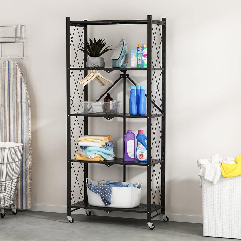 FUFUGAGA 64.3 in. H Black Metal 10-Shelf Freestanding Standard Bookcase Foldable Metal Shelf Shelving Unit With Wheels KF210019-02-xin