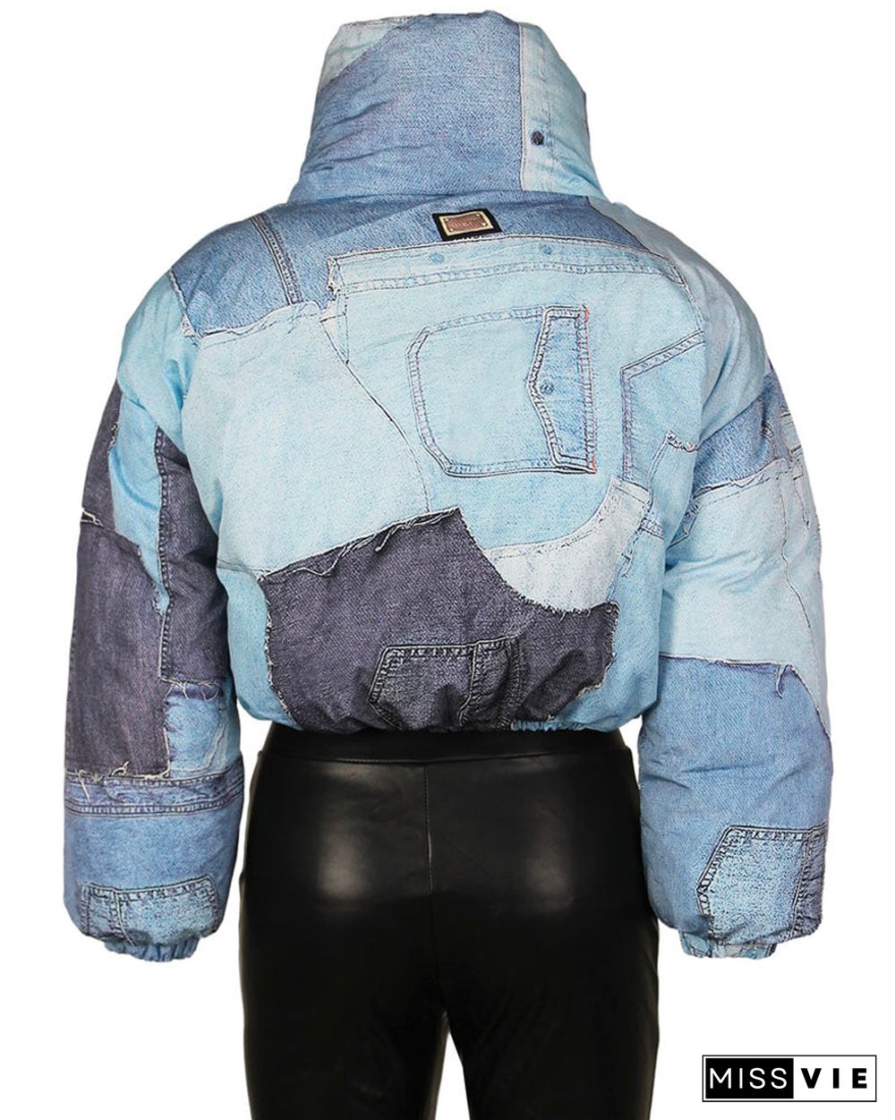 denim-patchwork puffer jacket