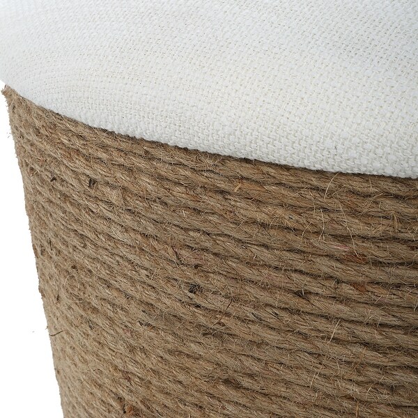 Beige Upholstered Accent Stool with Fiber Rope Base - 18.25