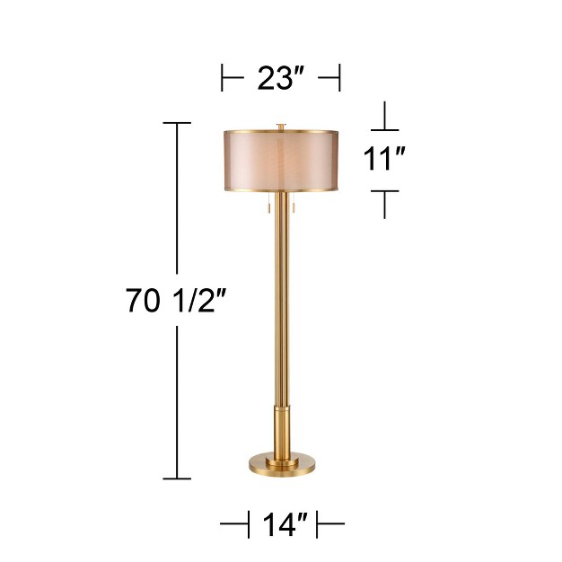 Tall Brass Metal Sheer Organza Outer Linen Inner Drum Shade For Living Room Bedroom Office Home