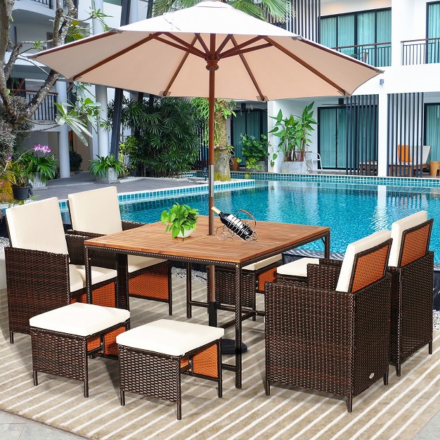 Costway 9pcs Patio Rattan Dining Set Cushioned Chairs Ottoman Wood Table Top White red