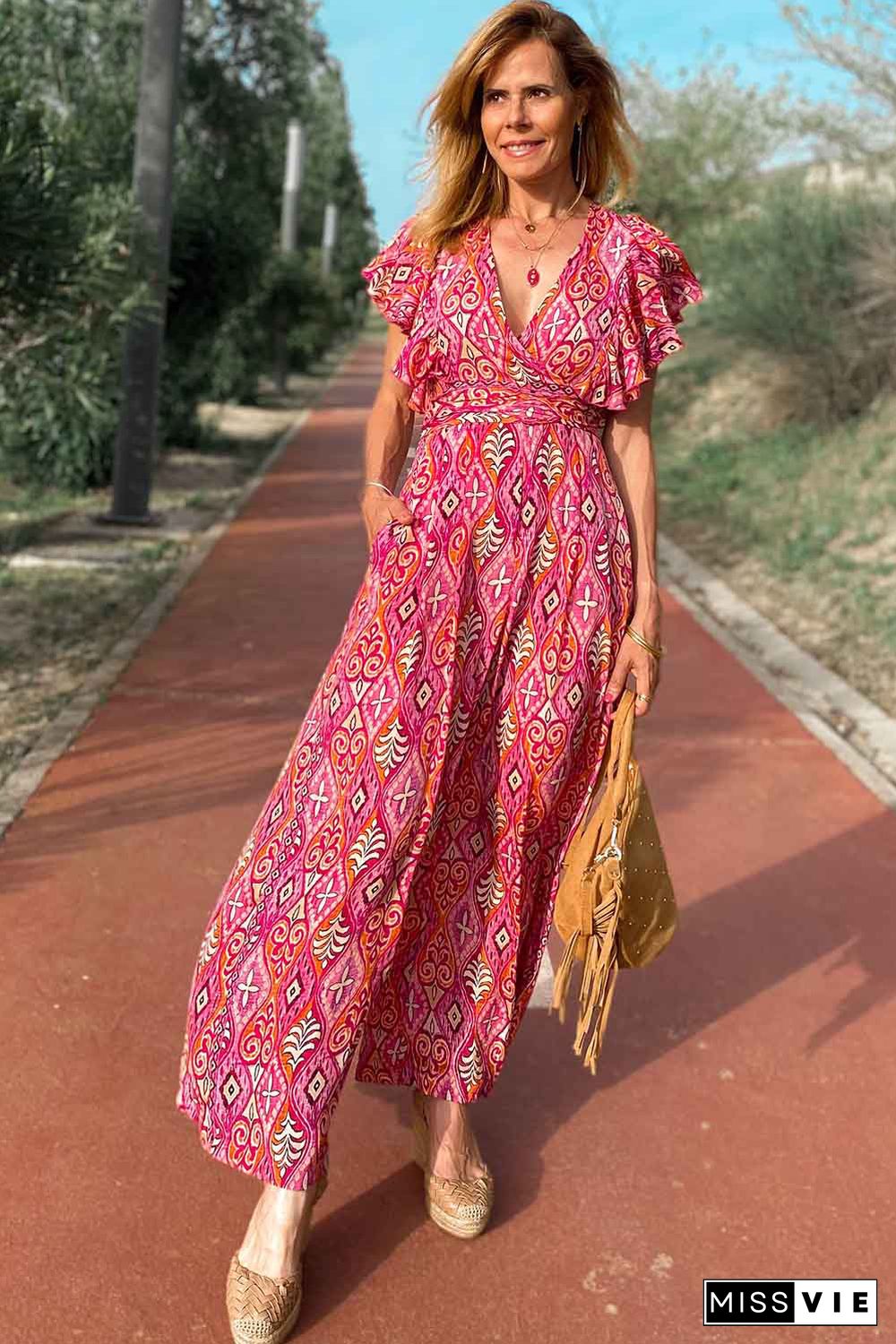 Rose Printed V Neck Button Open Back Wide Leg Jumpsuit