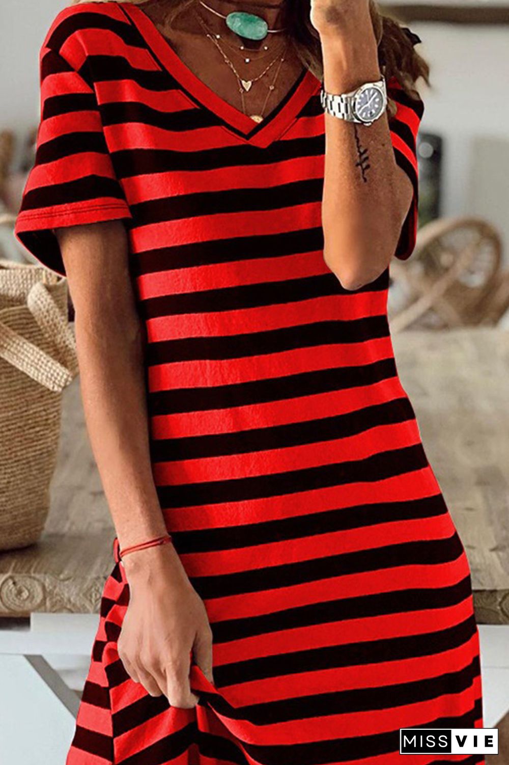 V Neck Split Stripes Dress